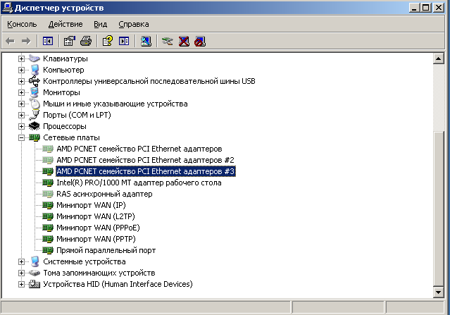 Ветка сетевых плат в диспетчере устройств Windows Server 2003